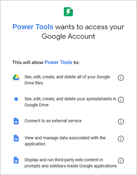 The Google consent screen listing the permissions an add-on requests The Google consent screen listing the permissions an add-on requests